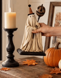 Lighted Vintage Ghost Figurine with Glowing Pumpkin Staff