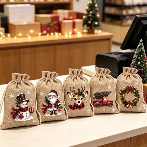 Reusable Christmas Drawstring Gift Bags — Santa & Reindeer Polyester Pouches