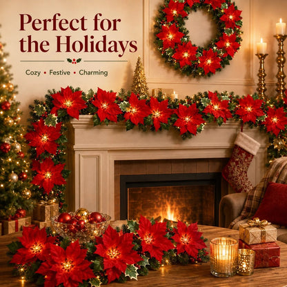 Christmas Poinsettia String Lights with Red Flowers and Berries